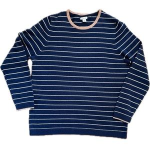 LL Bean 100% Cashmere Crewneck Navy Blue White Stripe Sweater Womens Sz XL